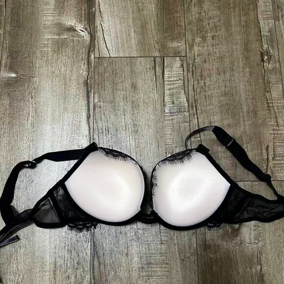 Victoria’s Secret Lace Push-Up Bra 36B Black Rhinestone Logo Strap - Picture 2 of 5
